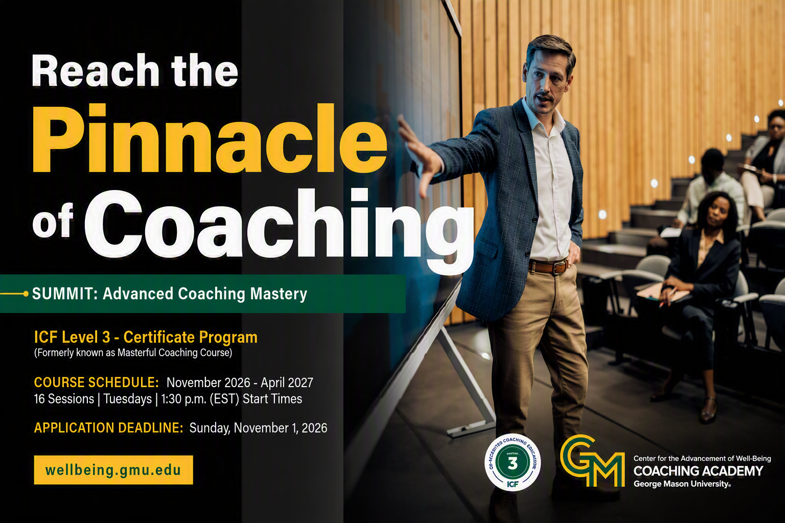 SUMMIT GMU coaching program graphic apply by November 1, 2026
